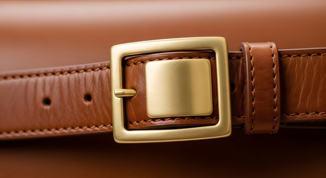 Elegant brass buckle on a brown leather belt with a classic rectangular design.