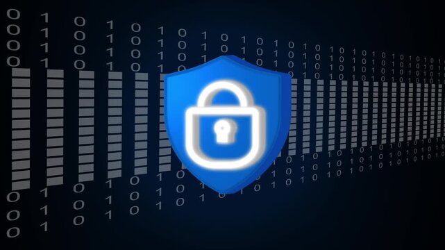 Blue shield icon over falling binary code. Digital blue shield for cybersecurity. Modern blue shield for network protection and encrypted computer safety.