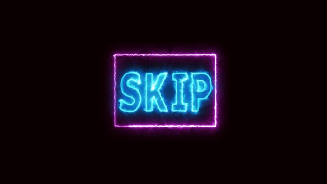 Digital technology hud skip button animation with neon purple blue glowing frame motion design. Electric energy neon skip button motion graphics with cyberpunk overlay and broadcast transitions.