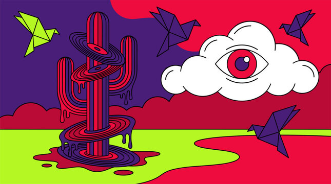 Melting Vinyl Record Cactus with Origami Birds and Cloud Eye Pop Surrealism Flat Illustration with Bold Outlines