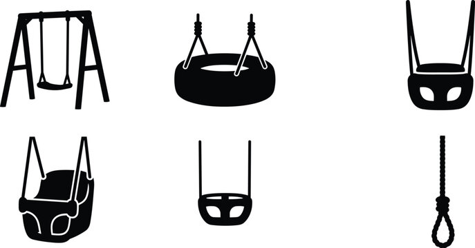 playground swings silhouette vector set featuring swing set tire swing bucket seat baby swing and rope swing icons isolated on white background