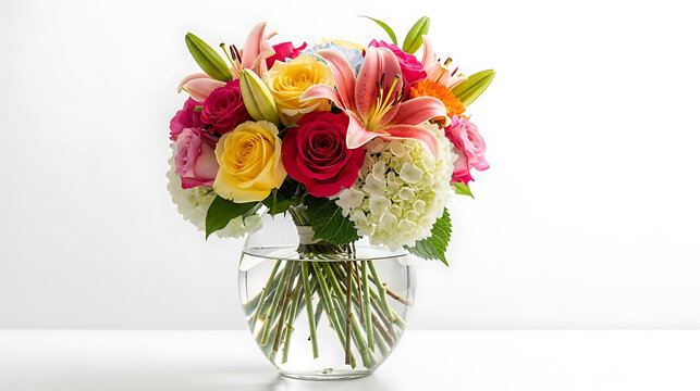 Floral bouquet in glass vase with yellow roses and pink lilies, hydrangea
