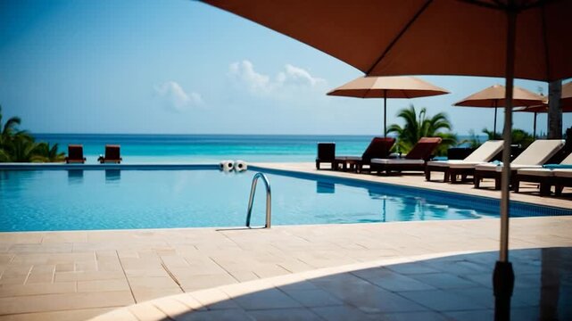 Video A relaxing poolside setting with lounge chairs and colorful umbrellas