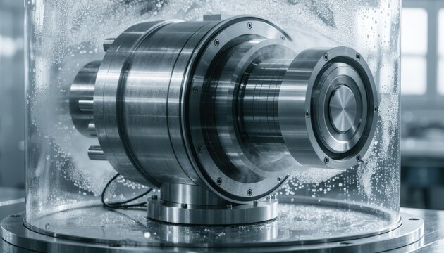 Closeup medium shot of a vacuumsealed bearing test rig in operation monitoring pressure changes to detect microscopic air leaks showcasing advanced leak detection technology.