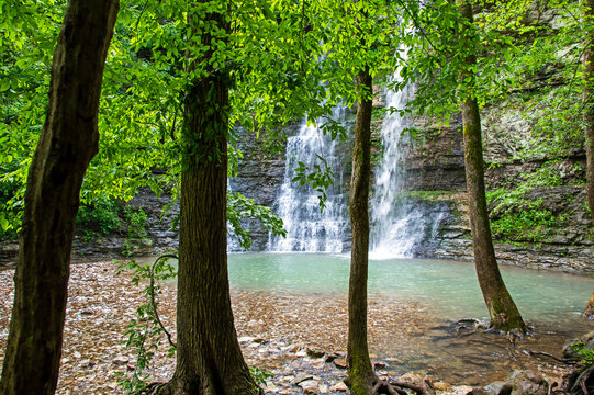 Trees in the foreground with a lovely triple waterfall and pool of water in the background. Slow shutter speed captures the beauty. Bokeh.