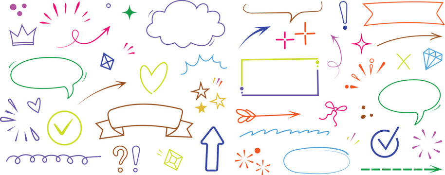 Colorful hand drawn doodles, speech bubbles, arrows, geometric shapes, and set hand-drawn