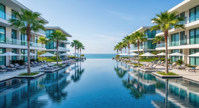 Modern resort architecture with infinity pool overlooking ocean on sunny day