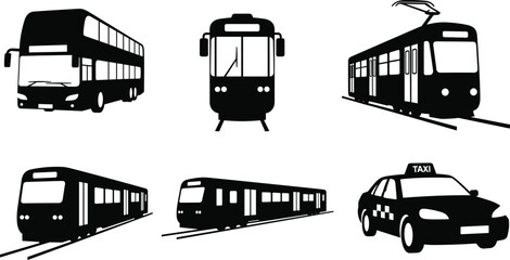 Public transport silhouette vector set with bus tram subway train and taxi icons isolated on white background © SADDAM