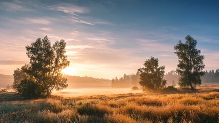 Obraz premium Golden Sunrise Mist Blankets Tranquil Meadow with Silhouetted Trees.