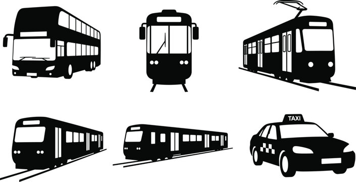 Public transport silhouette vector set with bus tram subway train and taxi icons isolated on white background