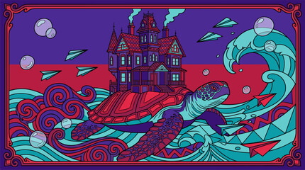 Naklejka premium Whimsical Victorian House On Giant Turtle Shell Pop Surrealism Flat Illustration With Bold Outlines