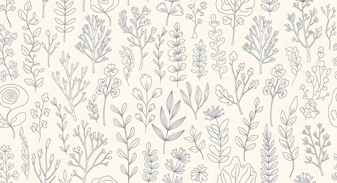 Seamless pattern of delicate hand-drawn floral elements and botanical branches on a light background