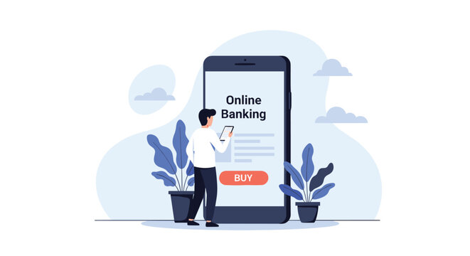 Man standing in front of a giant smartphone using it for online banking and making a purchase with a buy button displayed.