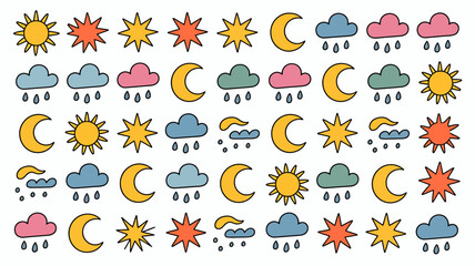 Obraz premium A colorful hand drawn collection of weather icons including suns moons clouds and raindrops arranged in a repeating pattern high quality professional detailed modern elegant stylish