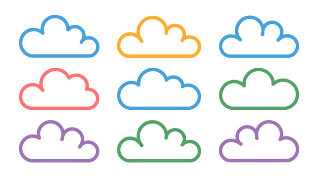A collection of nine colorful outlined clouds arranged in a symmetrical three by three grid against a stark white background high quality professional detailed modern elegant