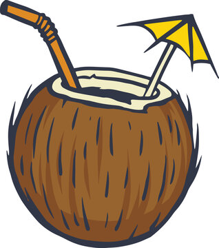 Vector illustration of a fresh healthy coconut drink with a straw and leaf isolated on a white background as a sweet nature symbol