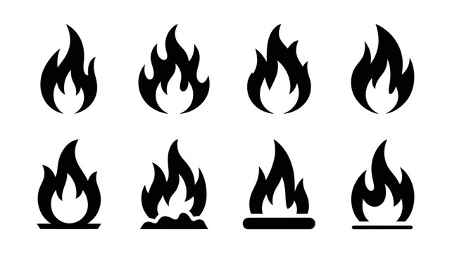 A collection of eight black fire flame silhouettes are displayed against a clean white background showcasing varying shapes and intensities high quality professional detailed modern elegant