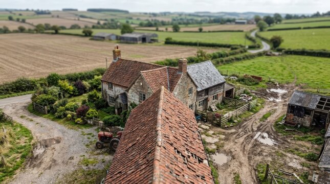 Drone flying above rural farmhouse sharply capturing tile displacement and yard erosion while distant fields and barns remain softly out of focus.