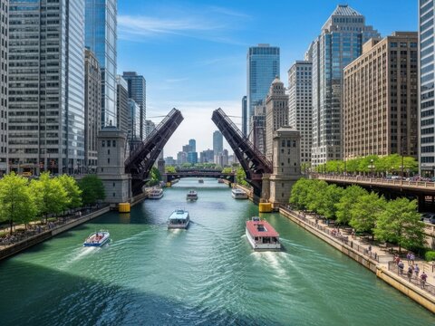Urban river scene with open bascule bridges