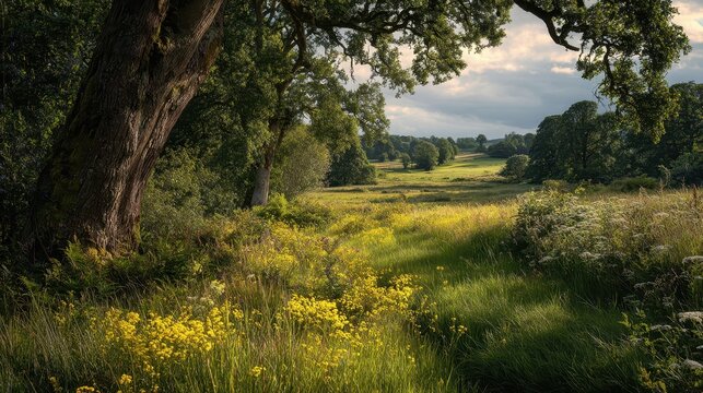 Golden Wildflower Meadow Under Dynamic Sky, Framed by Ancient Oak Tree in Lush Countryside.