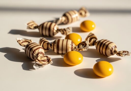 A group of wrapped candies and yellow objects on a beige surface with shadows