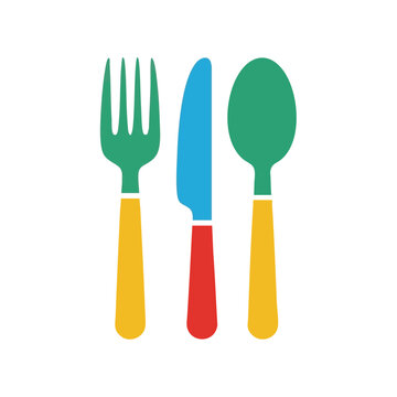 Colorful flat design cutlery icons, fork knife spoon, eating utensils set, kitchen tools