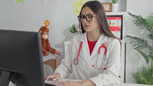 Woman doctor at computer typing notes with stethoscope rubs neck in pediatric clinic building; work fatigue.
