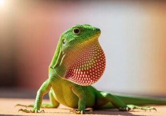 Fototapeta premium Green lizard with vibrant red and yellow throat patch on display in a natural setting outdoors