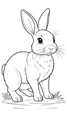Obraz premium A simple black and white illustration of a rabbit sitting on grass. The animal has long ears, whiskers, and a fluffy tail