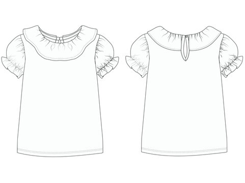 Baby Girl Peter Pan Collar Dress with Sleeve and Hem Ruffle Flat Vector