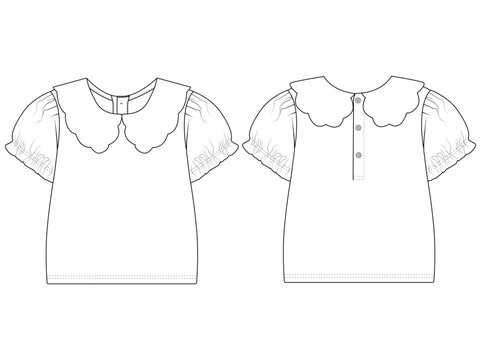 Baby Girl Peter Pan Collar Dress with Sleeve and Hem Ruffle Flat Vector