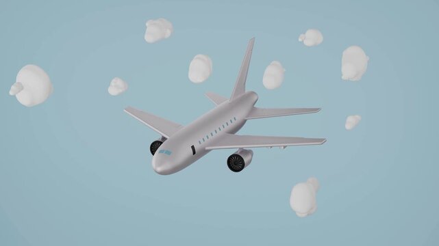 Stylized airplane flying through clouds, moving up and down against a light blue background, 3D render 