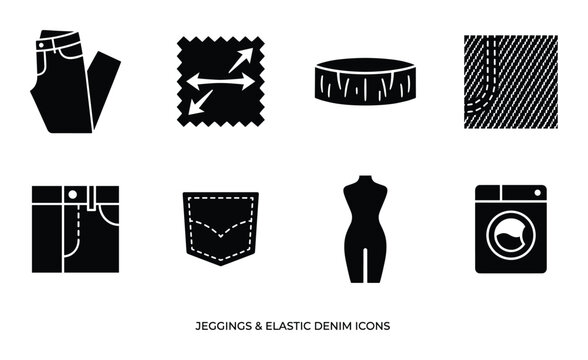 Black icons for jeggings and elastic denim: fabric, mannequin, washing machine