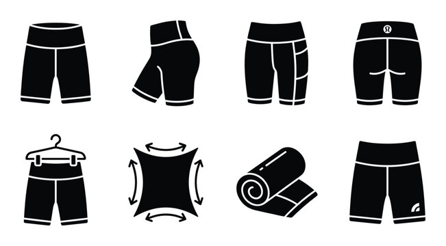 Black silhouette of women's athletic shorts, including yoga and biker styles, with accessories, on transparent background