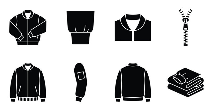 Bomber jacket manufacturing icon set including zipper detail sleeve cuff and folded apparel symbols