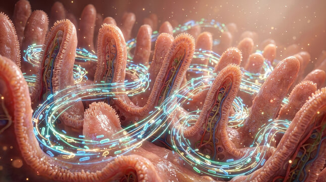 Healthy gut vs dysbiosis intestine villus microbiome probiotic concept medical illustration showing glowing digital ring around intestinal lining for digestion health research and therapy