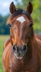 Fototapeta premium A brown horse with a white marking on its forehead stands in a green field on a sunny day