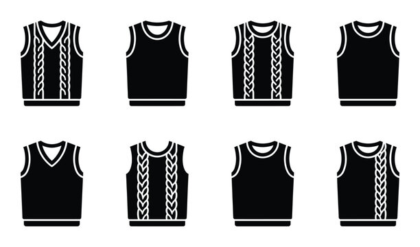 Knitted vest icons featuring cable stitch patterns and v neck designs for winter fashion collections
