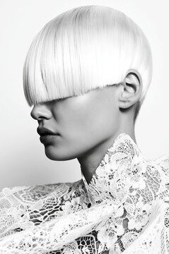 Black and white portrait of young woman with geometric haircut covering eyes wearing lace garment in studio Concept of avant garde fashion