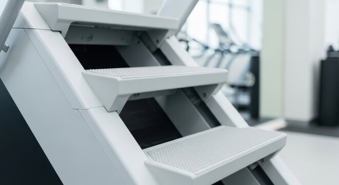 Close up of light grey composite stairs with textured treads in a modern indoor setting