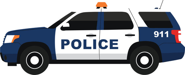 Police Patrol Car with Emergency Light and 911 Marking Representing Law Enforcement, Public Safety, and Urban Security Vehicle in Flat Vector Illustration © MdJalal