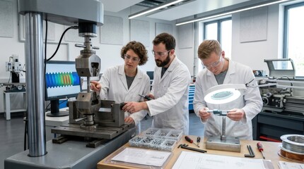 Fototapeta premium Engineers in a modern lab analyze selftapping fastener prototypes focusing on durability tests and precision machining of innovative thread designs.