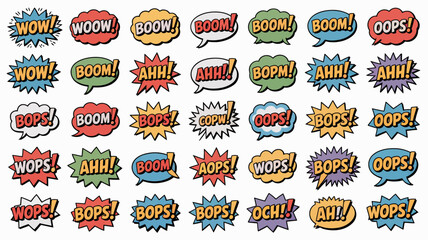 A colorful arrangement of various comic book style speech bubbles displaying onomatopoeic words like wow boom oops and ahh high quality professional detailed modern elegant stylish © MdRafiqul