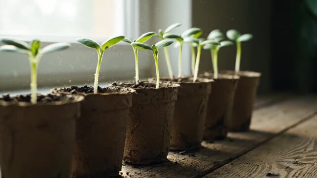 Young green seedlings growing in peat pots on a wooden windowsill