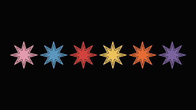 A vibrant display of six brightly colored six pointed stars is arranged horizontally against a stark black background high quality professional detailed modern elegant stylish clean