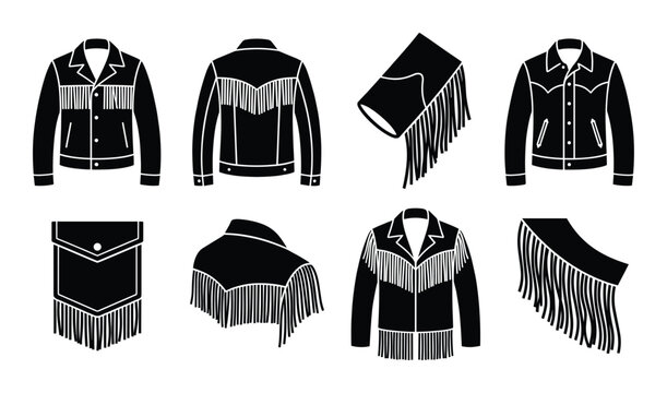 Leather fringe jacket icon set containing western style cowboy apparel with decorative tassel detail