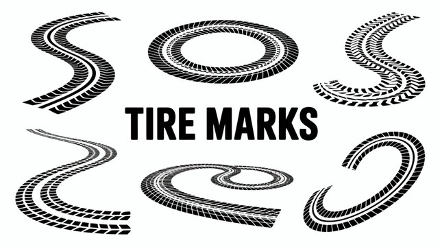 A graphic displays various tire track patterns and shapes against a white background accompanied by the text tire marks below high quality professional detailed modern elegant