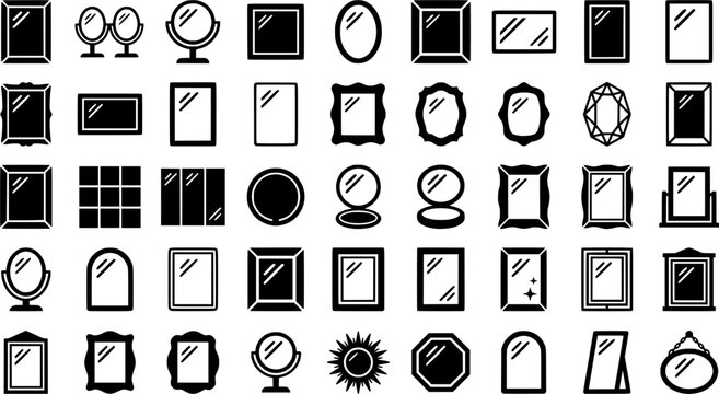 Bathroom Mirror Icons. adding a new mirror in the bathroom. Line icon set of adding a new mirror in the bathroom: mirror with shelf, double mirror, pivot