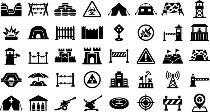 Combat Environment Icons. Outline icon set of combat environment: trenches, barbed wire, sandbags, minefield, command post, camouflage net, watchtower, 