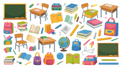 A colorful arrangement of school supplies and classroom furniture is displayed featuring books backpacks desks and a chalkboard high quality professional detailed modern elegant stylish clean © MdRafiqul
